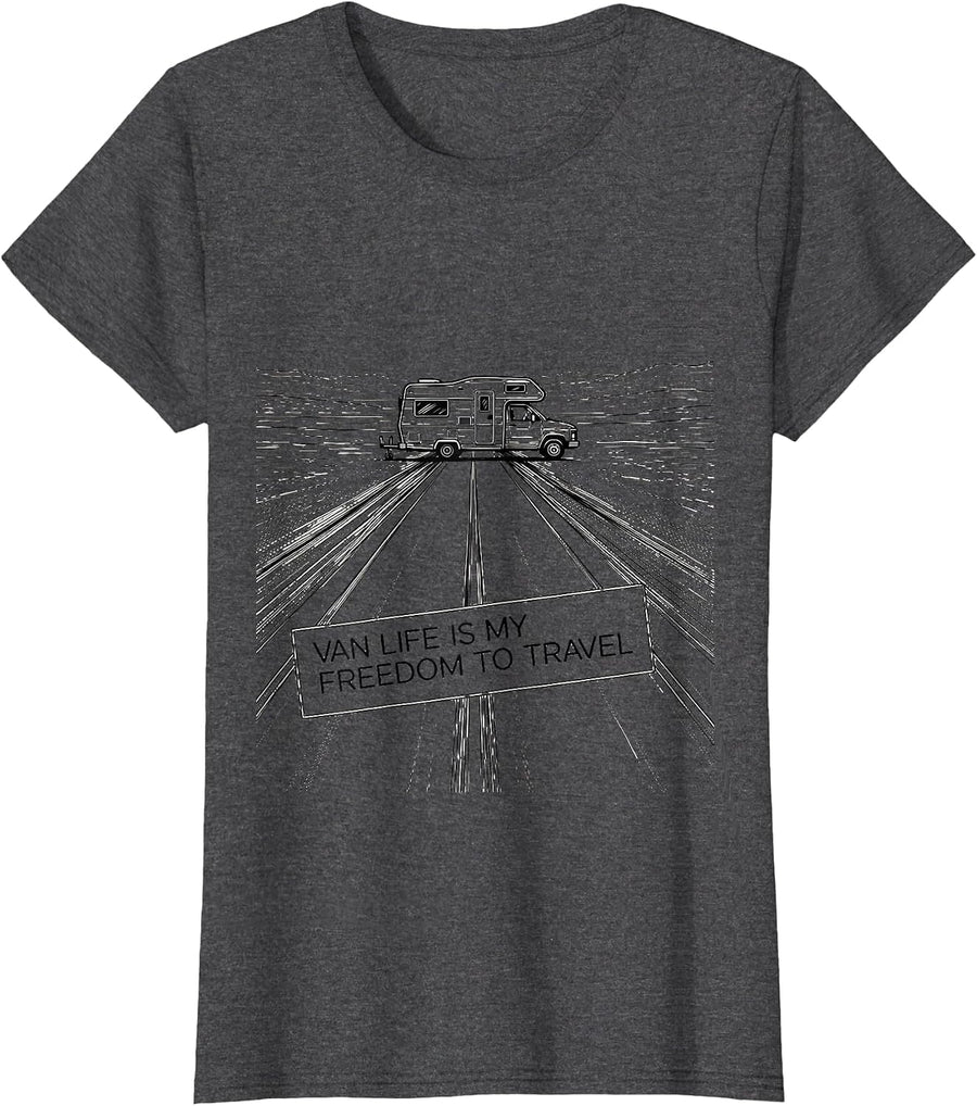 Women's Van Life Is My Freedom To Travel Retro Vanlife Nomads Road T-Shirt - Dark Heather Grey