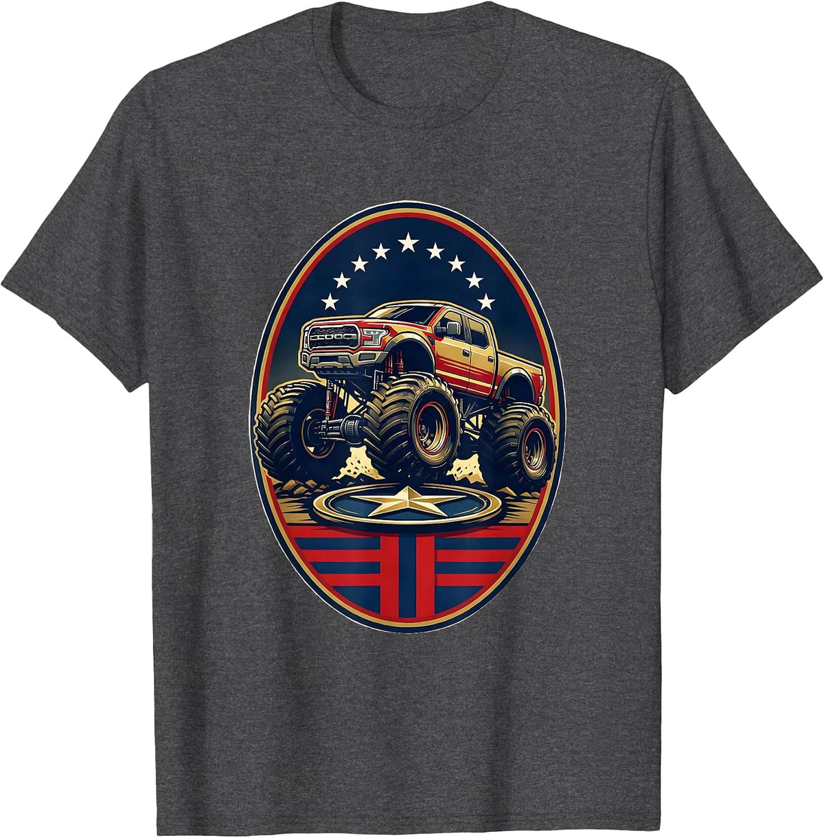 Monster Truck Star Crushing Oval Crest Patriotic Pride T-Shirt - Dark Heather Grey