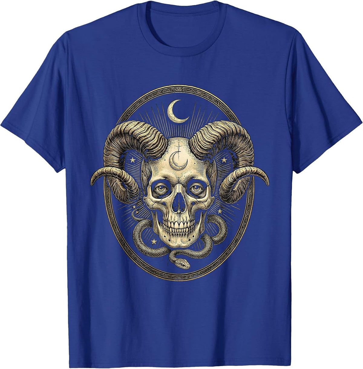 Men's Ram Horn Skull Grinning Dark Art Graphic T-Shirt - Royal Blue