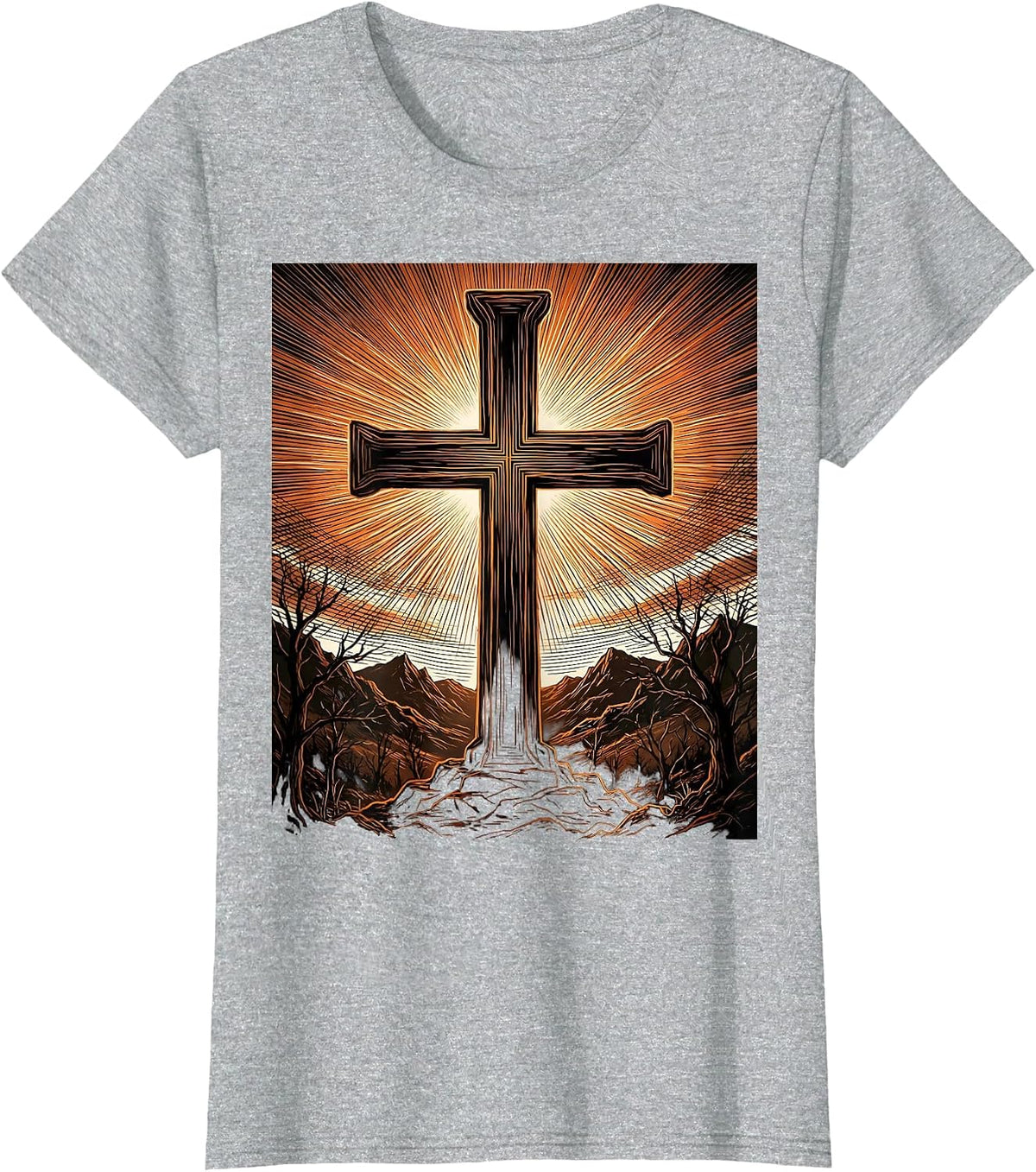 Cross Silhouette Fiery Sunset Sky Graphic T-Shirt - Heather Grey
