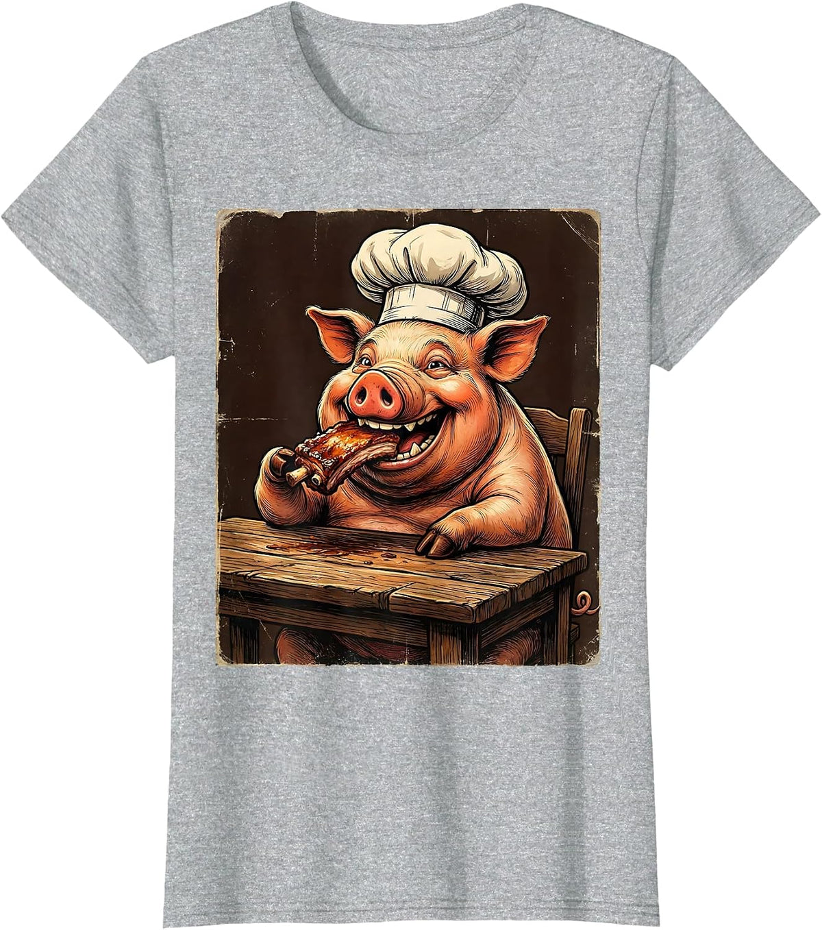 Women's Funny Pig Chef Eating Ribs BBQ Humor Graphic T-Shirt - Heather Grey