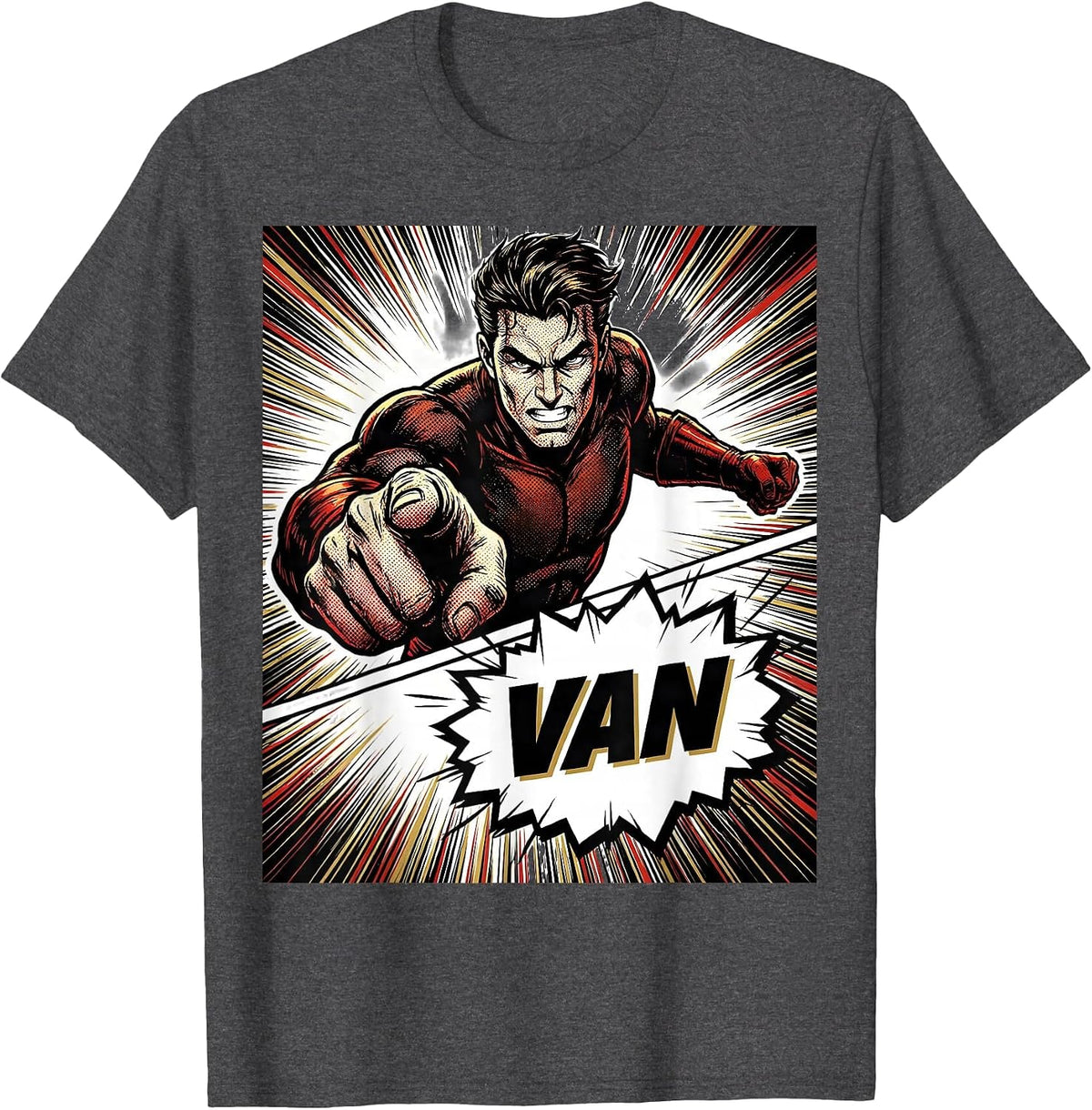 Men's VAN Comic Book Bold Typography Van Life Traveler Road Trip T-Shirt - Dark Heather Grey