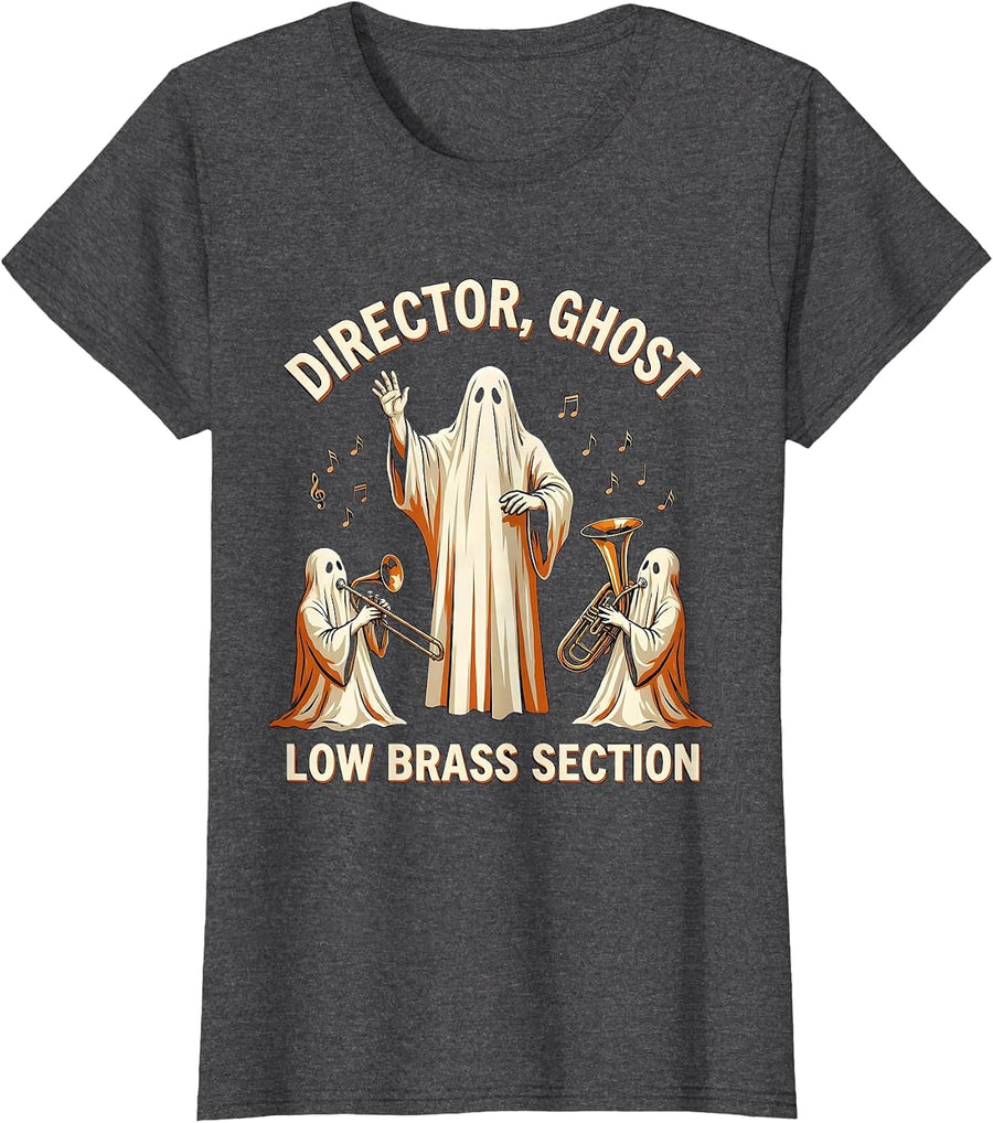 Women's Director Ghost Low Brass Section Whimsical Music Teacher T-Shirt - Dark Heather Grey