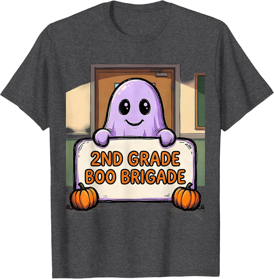 Men's 2nd Grade Boo Brigade Spooky Second Grade Halloween Teacher T-Shirt - Dark Heather Grey