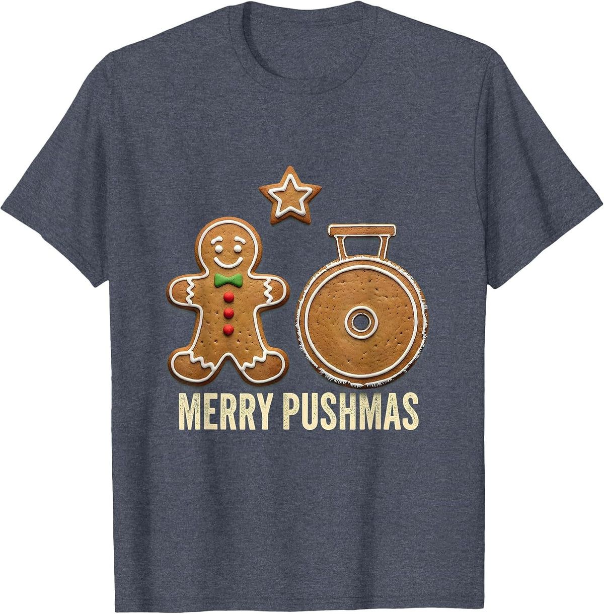 Merry Pushmas Rubber Stamp Gingerbread Cookie Weightlifting T-Shirt - Heather Blue