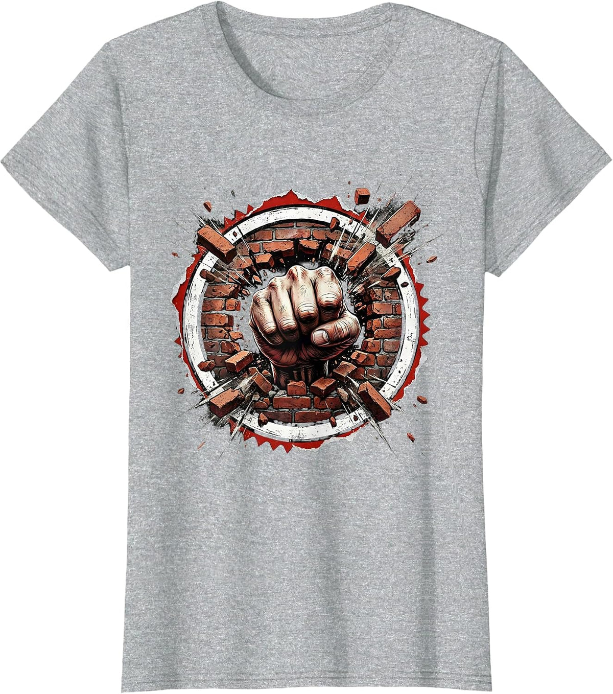 Rock Fist Punching Through Brick Wall Graphic T-Shirt - Heather Grey