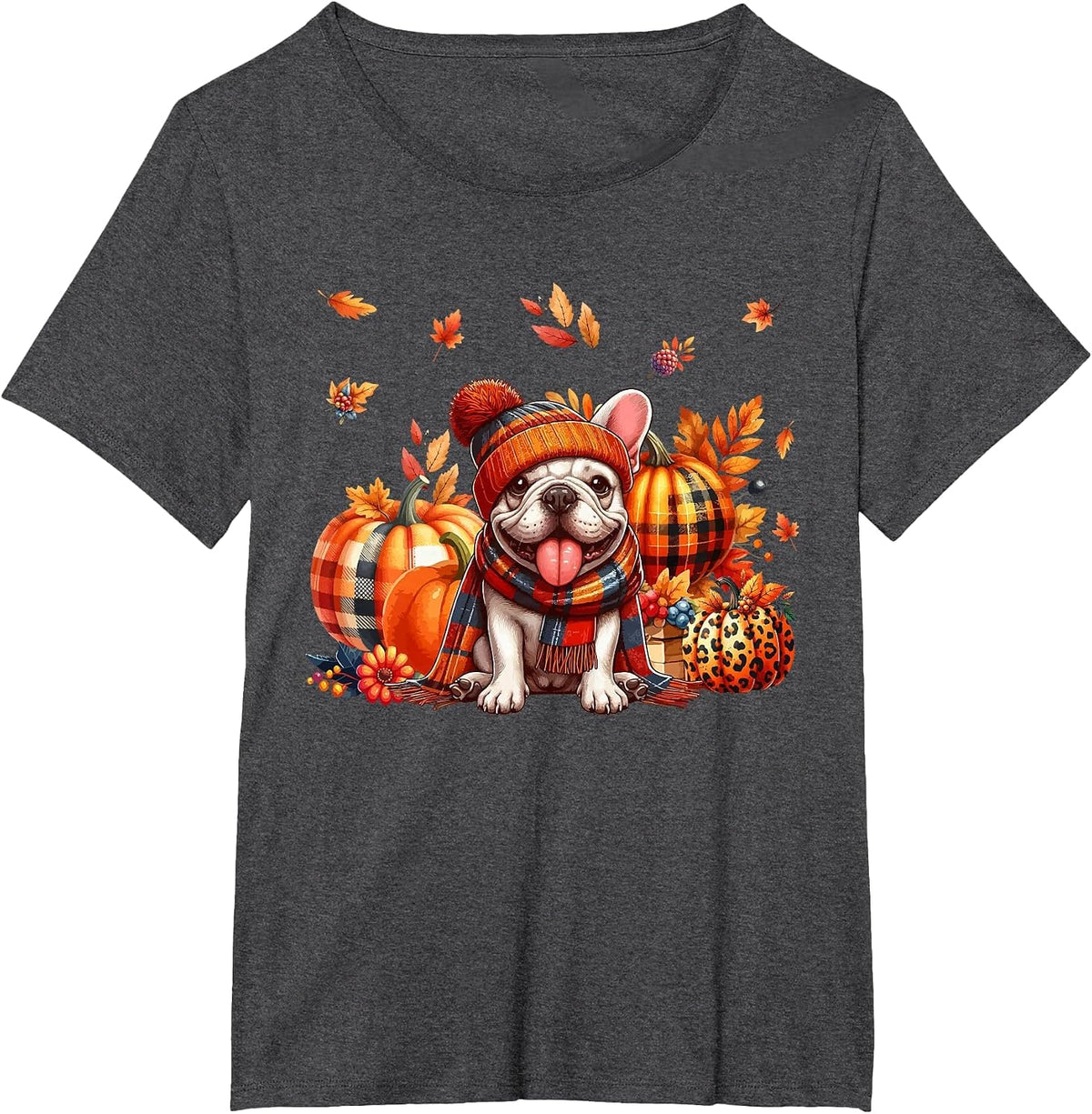 French Bulldog Thanksgiving Leopard Pumpkins Fall Leaves T-Shirt - Dark Heather Grey