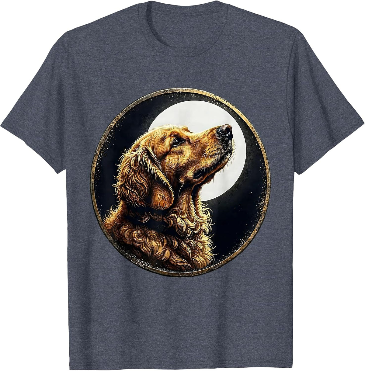 Goldendoodle Howling at the Moon Vintage Mystical Dog Art T-Shirt - Heather Blue