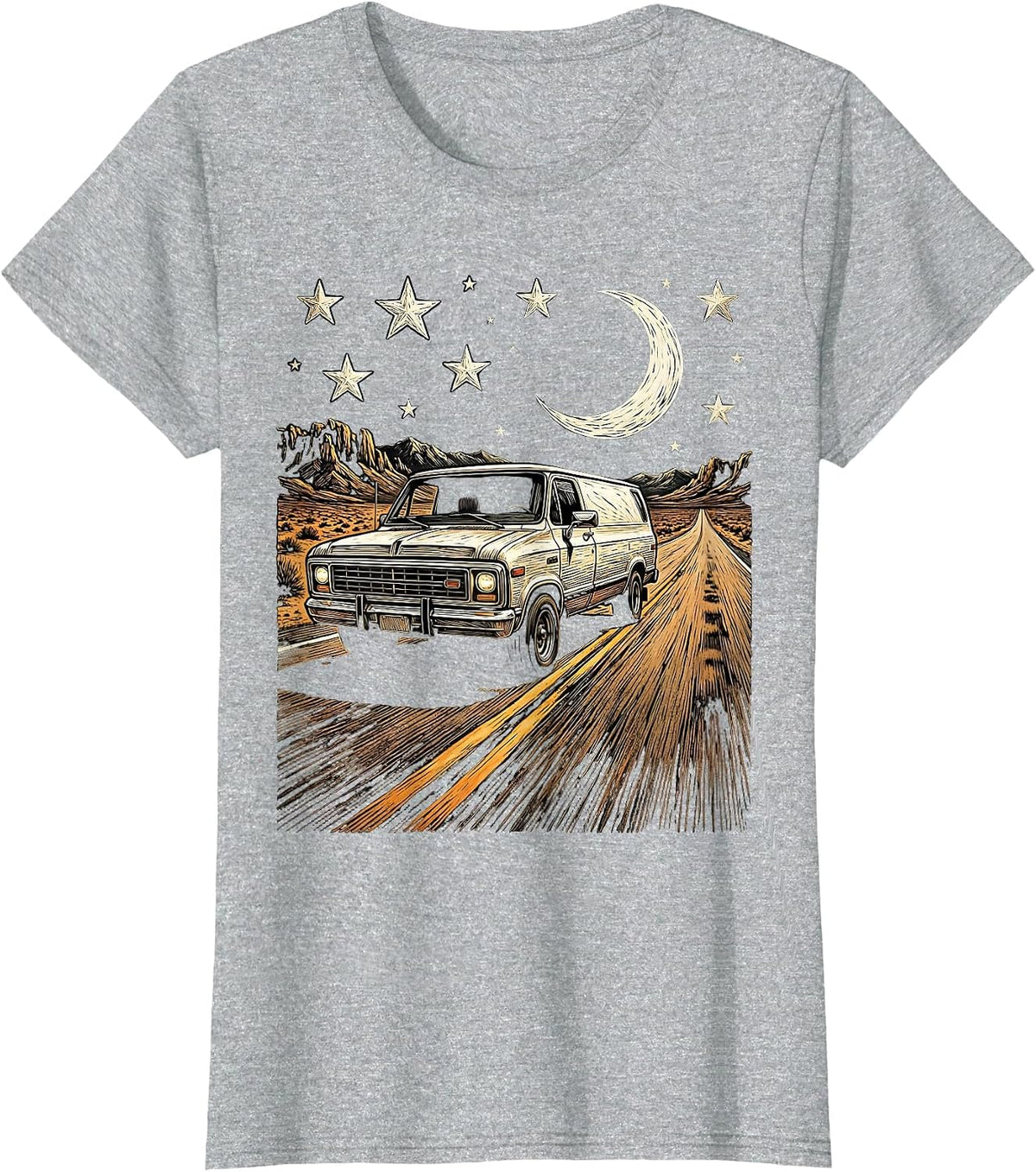 Vintage Van Highway Starry Night Rock and Roll T-Shirt - Heather Grey