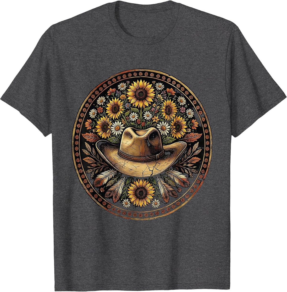 Cowgirl Hat Wildflowers Western Floral Rodeo Design T-Shirt - Dark Heather Grey