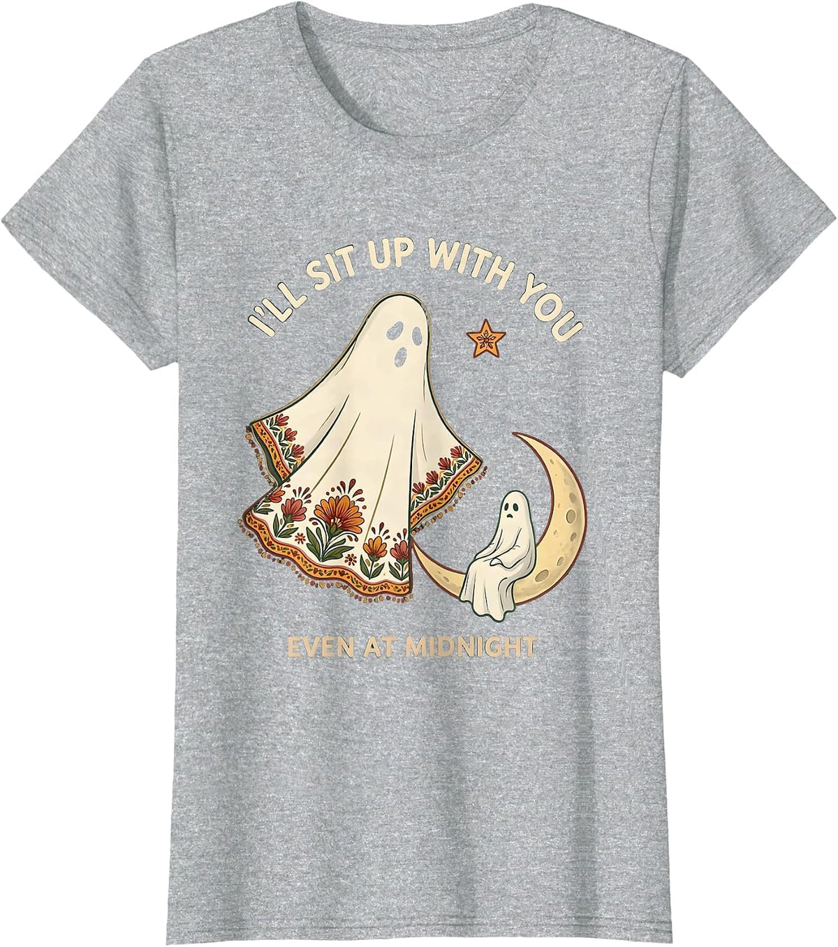 Women's I'll Sit Up With You, Even At Midnight Folk Art Ghost T-Shirt - Heather Grey