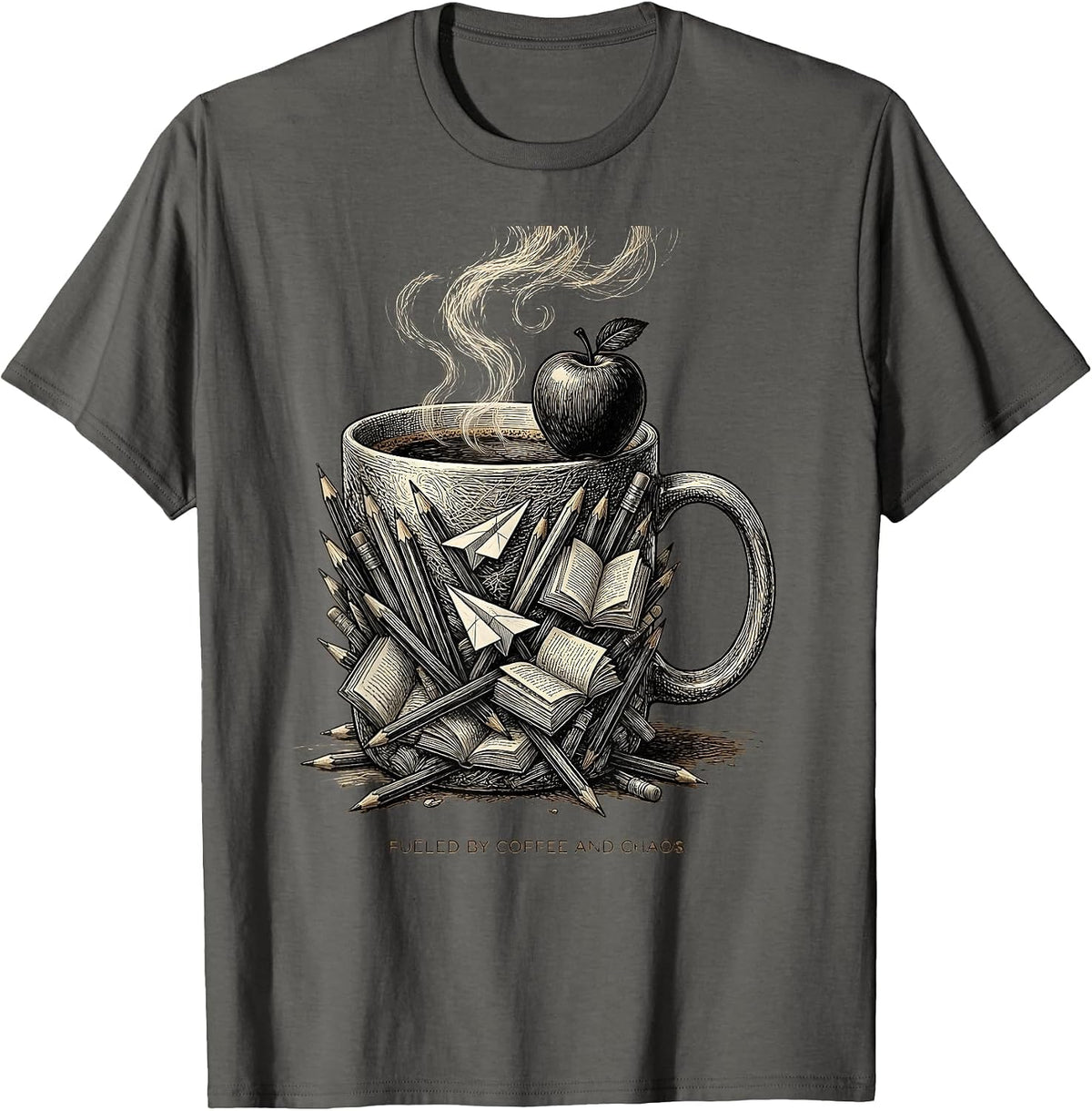 Fueled by Coffee and Chaos 5th Grade Teacher T-Shirt - Asphalt Grey