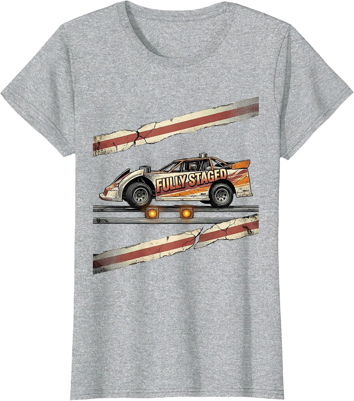 Women's Fully Staged Distressed American Flag Sprint Car Racing Gift T-Shirt - Heather Grey