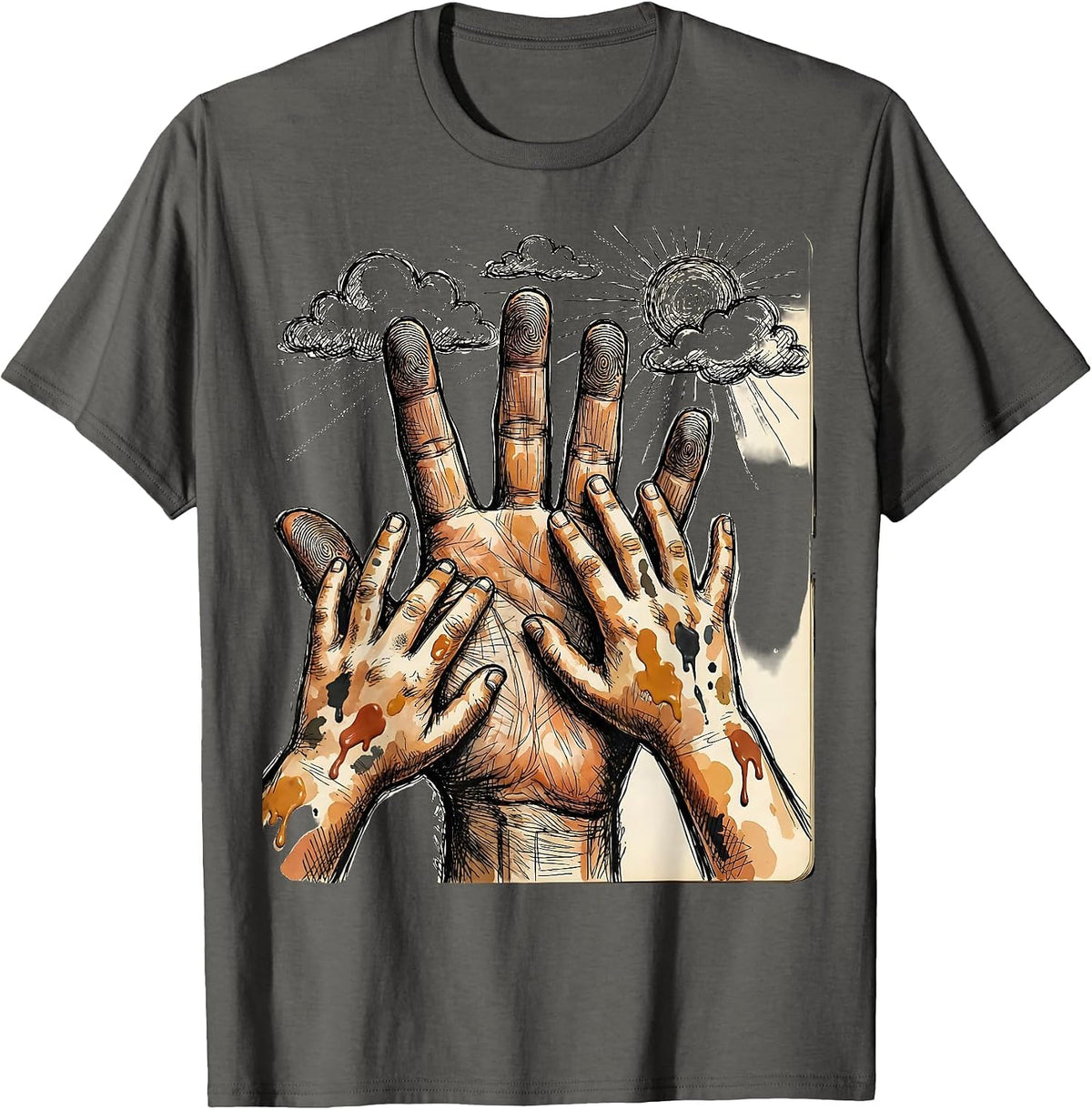 Daycare Teacher Paint Hands Reaching Sky Design T-Shirt - Asphalt Grey