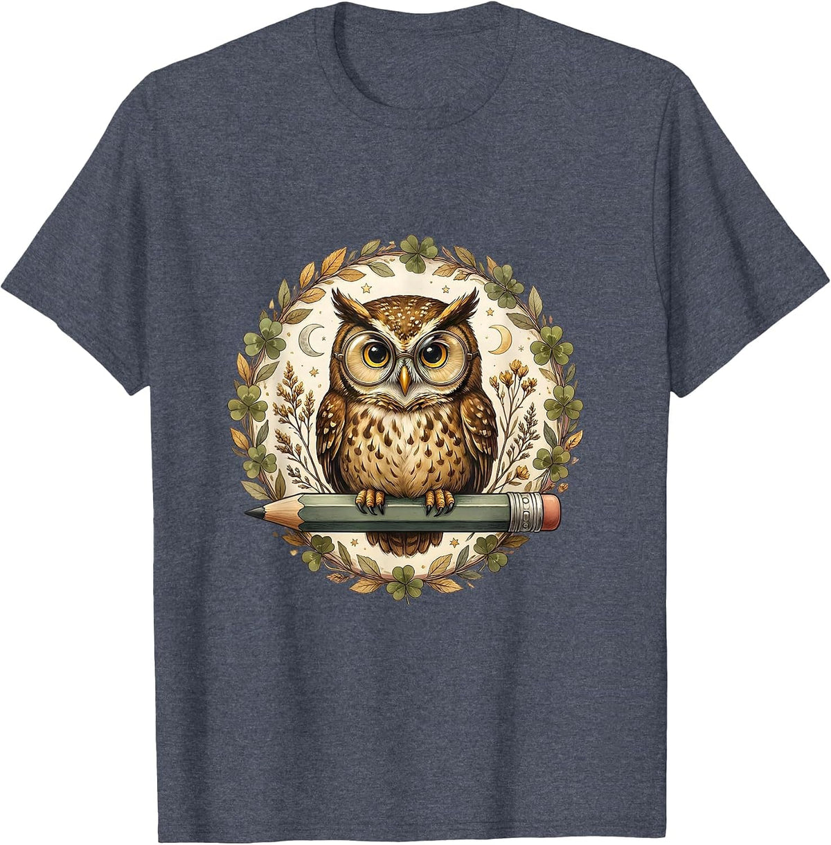 4th Grade Teacher Owl on Pencil Illustration T-Shirt - Heather Blue