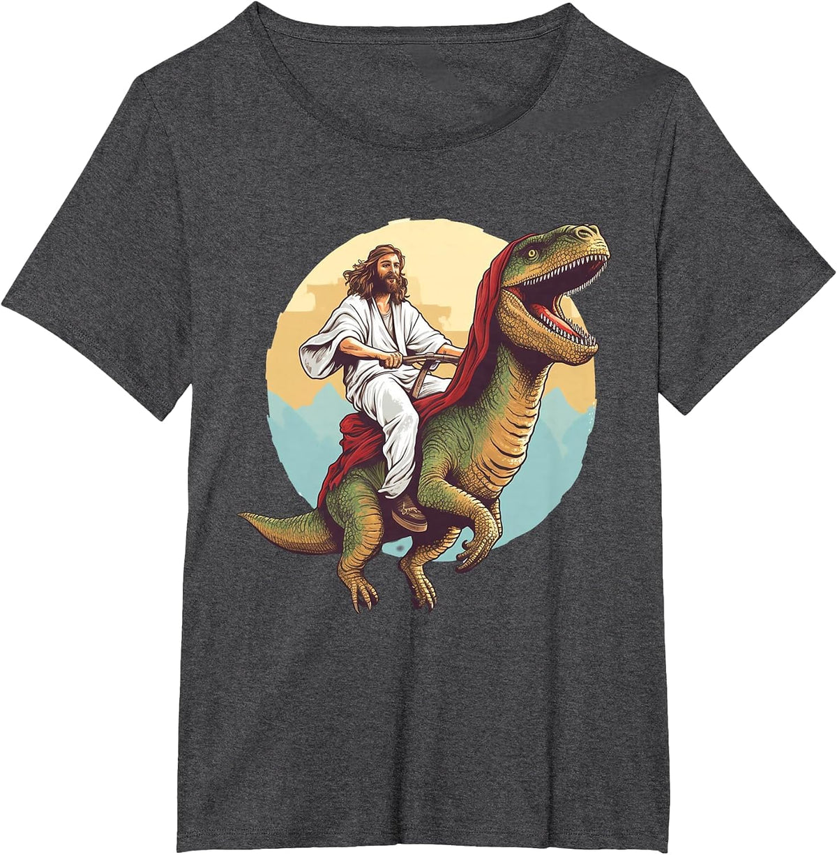 Jesus Riding a Dinosaur Meme Dino Lover Tyrannosaurus Rex T-Shirt - Dark Heather Grey