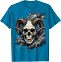 Skull Ram Horns Storm Clouds Dark Gothic Art T-Shirt - Sapphire Blue