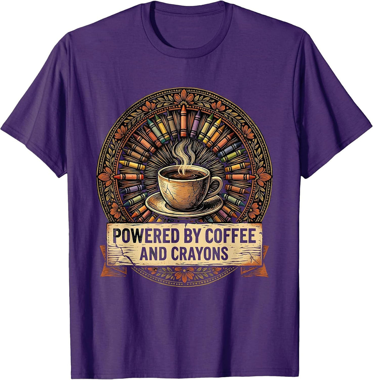 Men's Powered by Coffee and Crayons 4th Grade Teacher T-Shirt - Purple