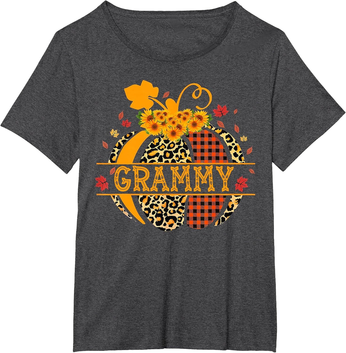 Grammy Leopard Floral Pumpkin Fall Autumn Thanksgiving T-Shirt - Dark Heather Grey