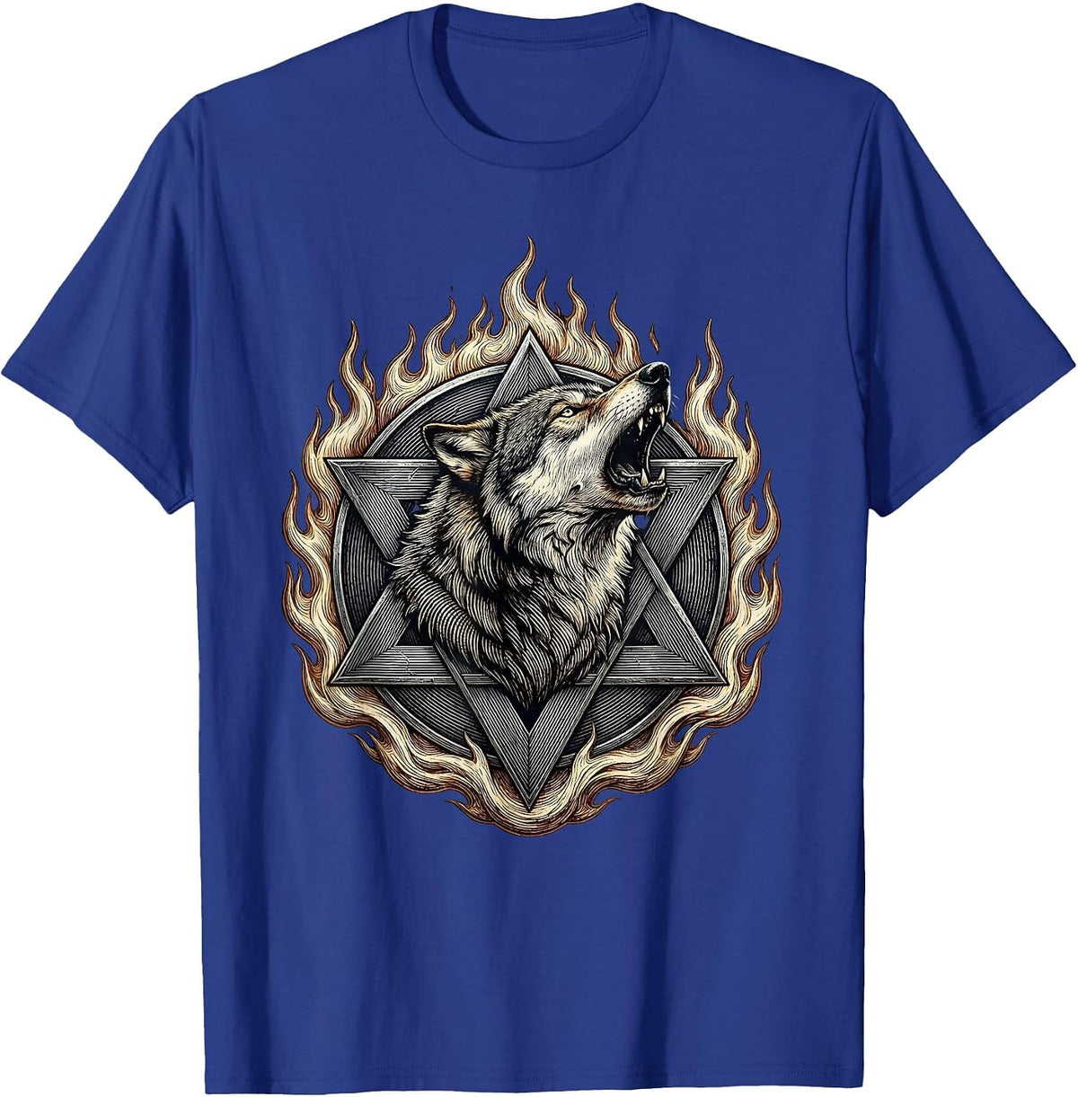 Wolf Howling Pentagram Flames Metal Graphic T-Shirt - Royal Blue