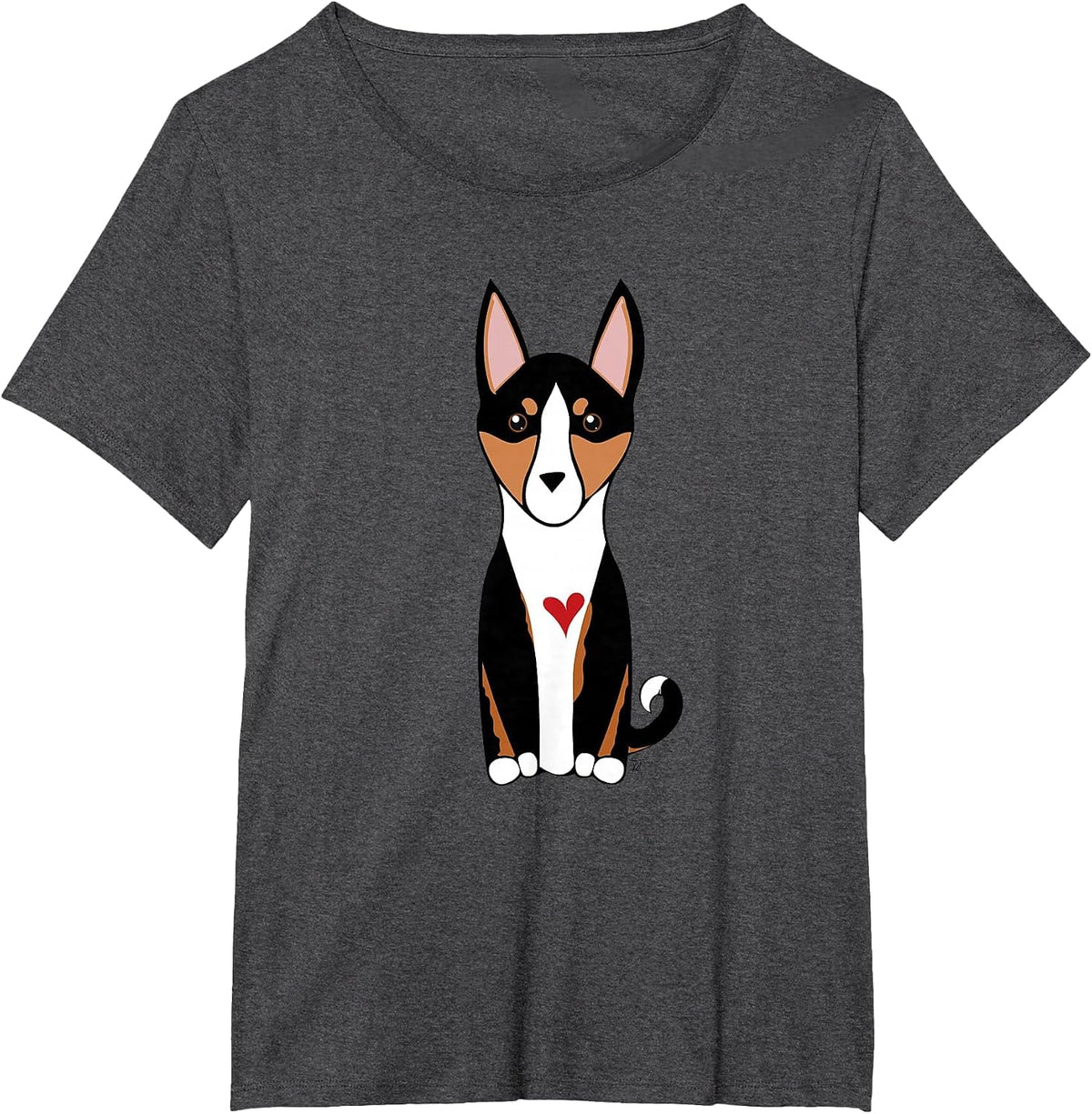 Tricolor Basenji Dog Hound Breed with a Red Heart T-Shirt - Dark Heather Grey