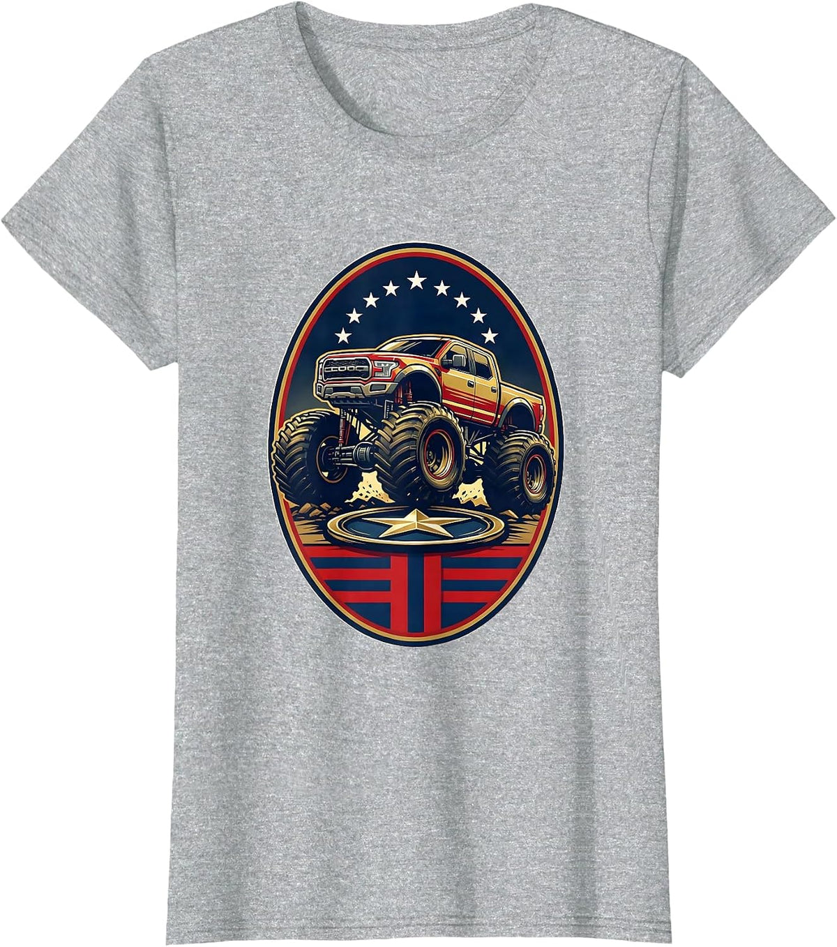 Monster Truck Star Crushing Oval Crest Patriotic Pride T-Shirt - Heather Grey