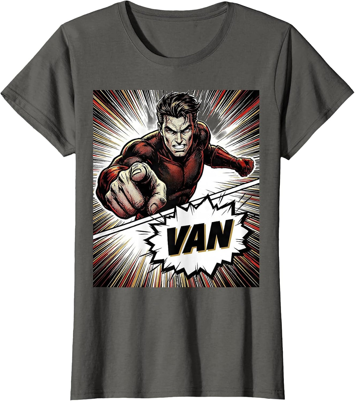 Women's VAN Comic Book Bold Typography Van Life Traveler Road Trip T-Shirt - Asphalt Grey