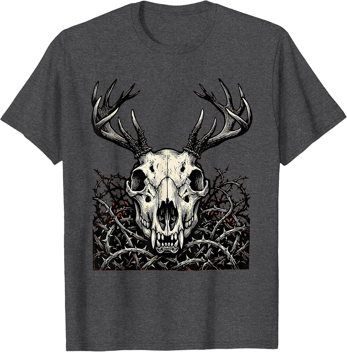 Wolf Skull Crowned Antlers and Thorns Halloween T-Shirt - Dark Heather Grey
