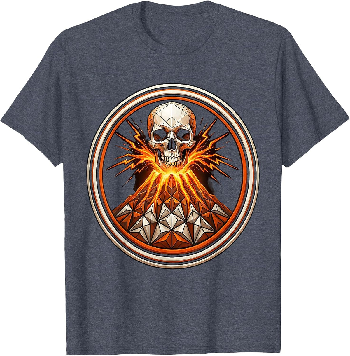 Volcanic Skull Eruption Metal Graphic Design T-Shirt - Heather Blue