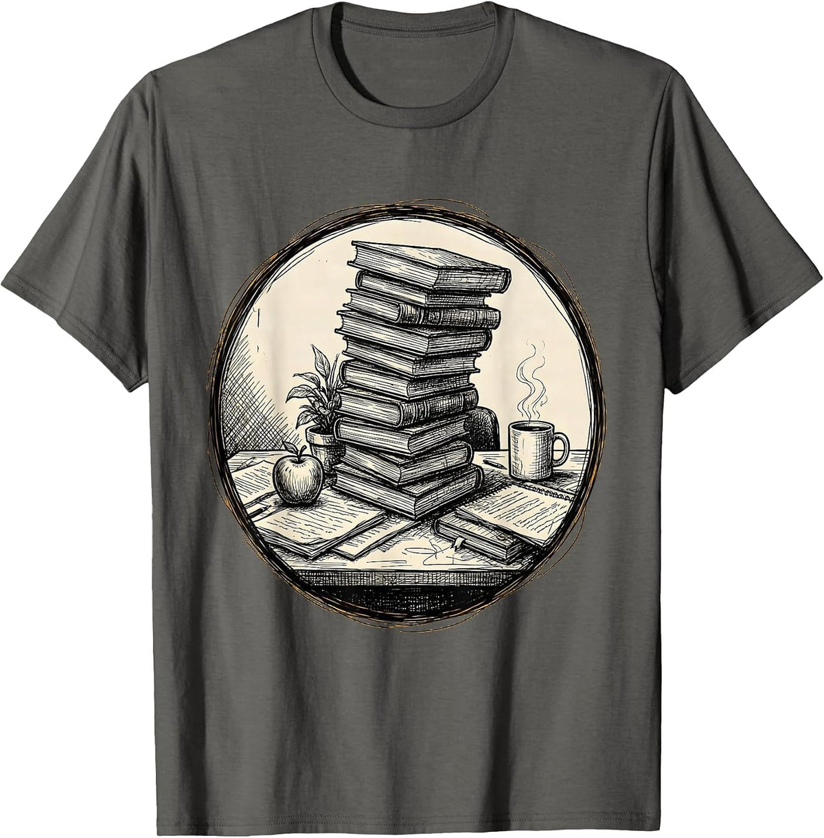 5th Grade Teacher Buried Books Desk Graphic T-Shirt - Asphalt Grey