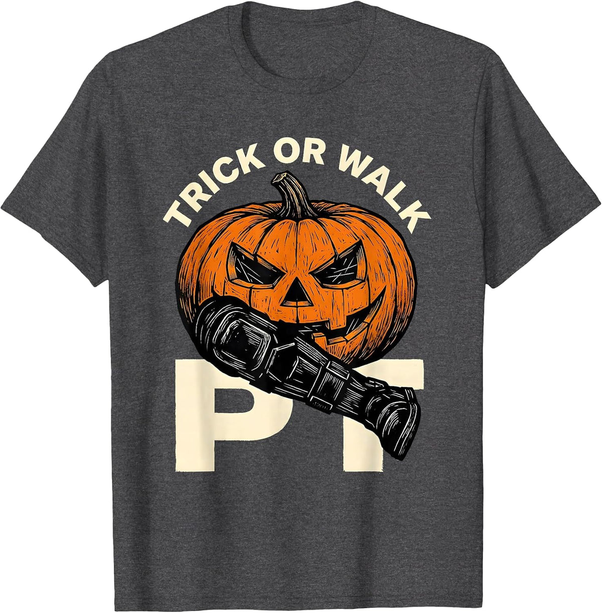Trick Or Walk PT Linocut Physical Therapy Halloween Trick T-Shirt - Dark Heather Grey