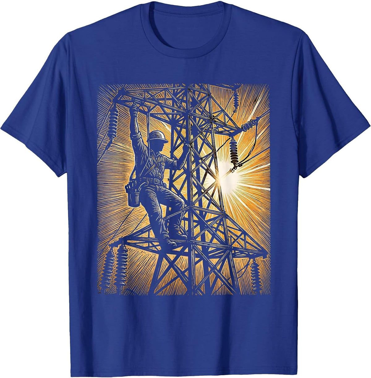 Lineman Electrical Tower Sunrise Labor Day Graphic T-Shirt - Royal Blue