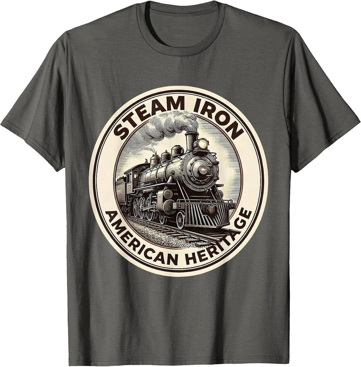 Men's Steam Iron American Heritage Vintage Steam Locomotive Train T-Shirt - Asphalt Grey