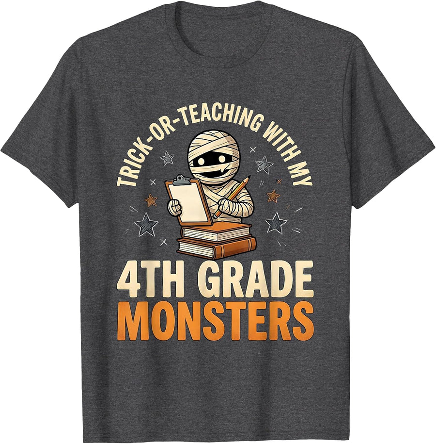 Men's Trick-or-Teaching With My 4th Grade Monsters Funny Teacher T-Shirt - Dark Heather Grey