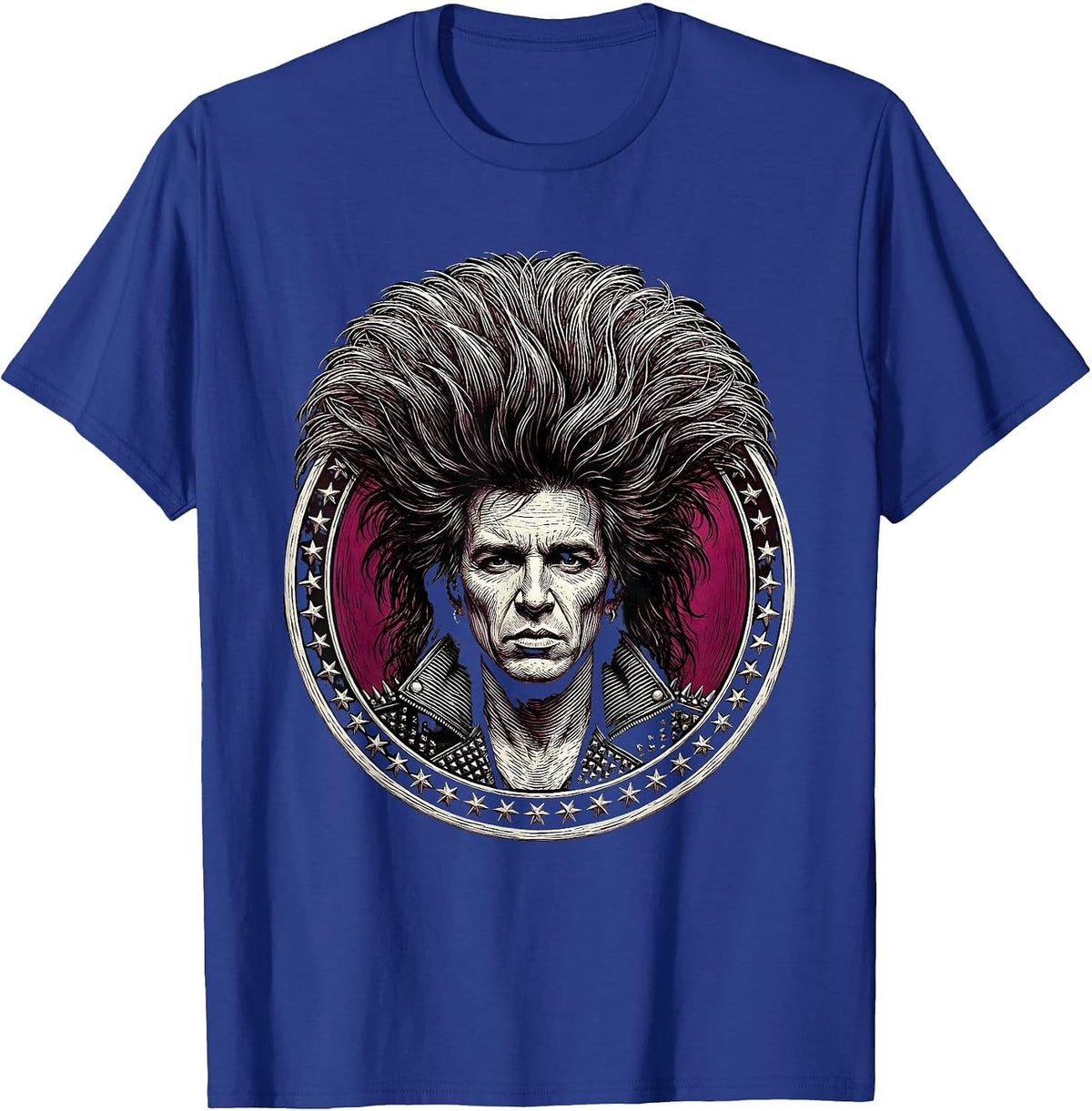Glam Rock Singer Teased Hair 80s Band Graphic T-Shirt - Royal Blue