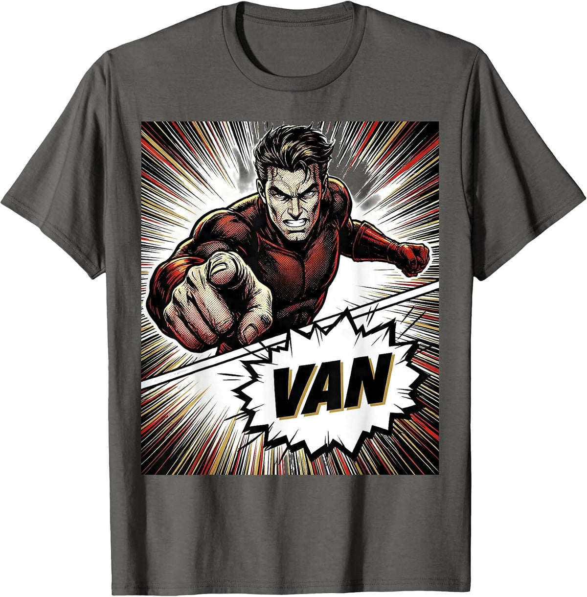 Men's VAN Comic Book Bold Typography Van Life Traveler Road Trip T-Shirt - Asphalt Grey