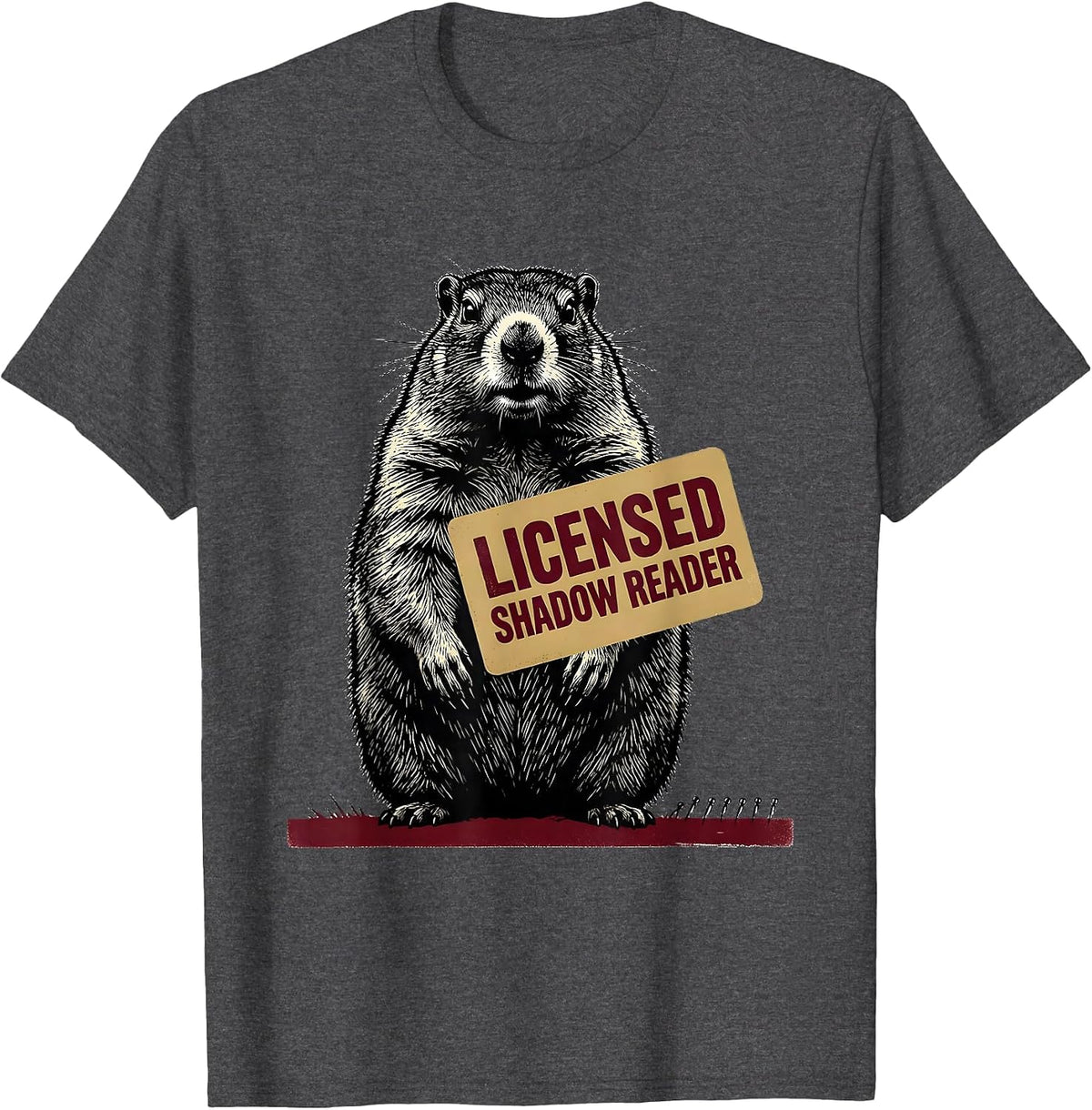 Licensed Shadow Reader Funny Groundhog Day Vintage Badge T-Shirt - Dark Heather Grey