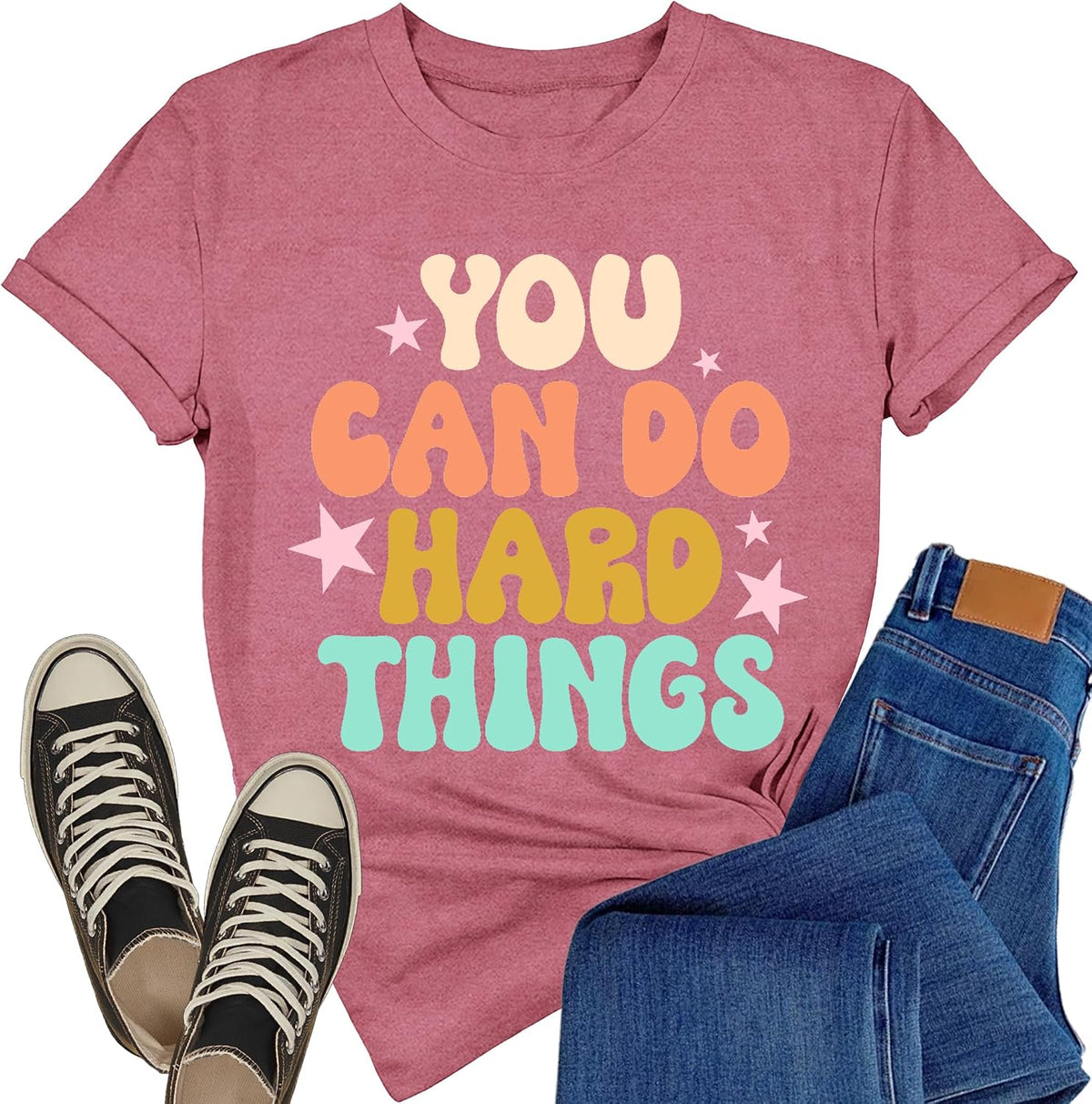Teacher Shirts for Women Inspirational You Can Do Hard Things Tee - Pink