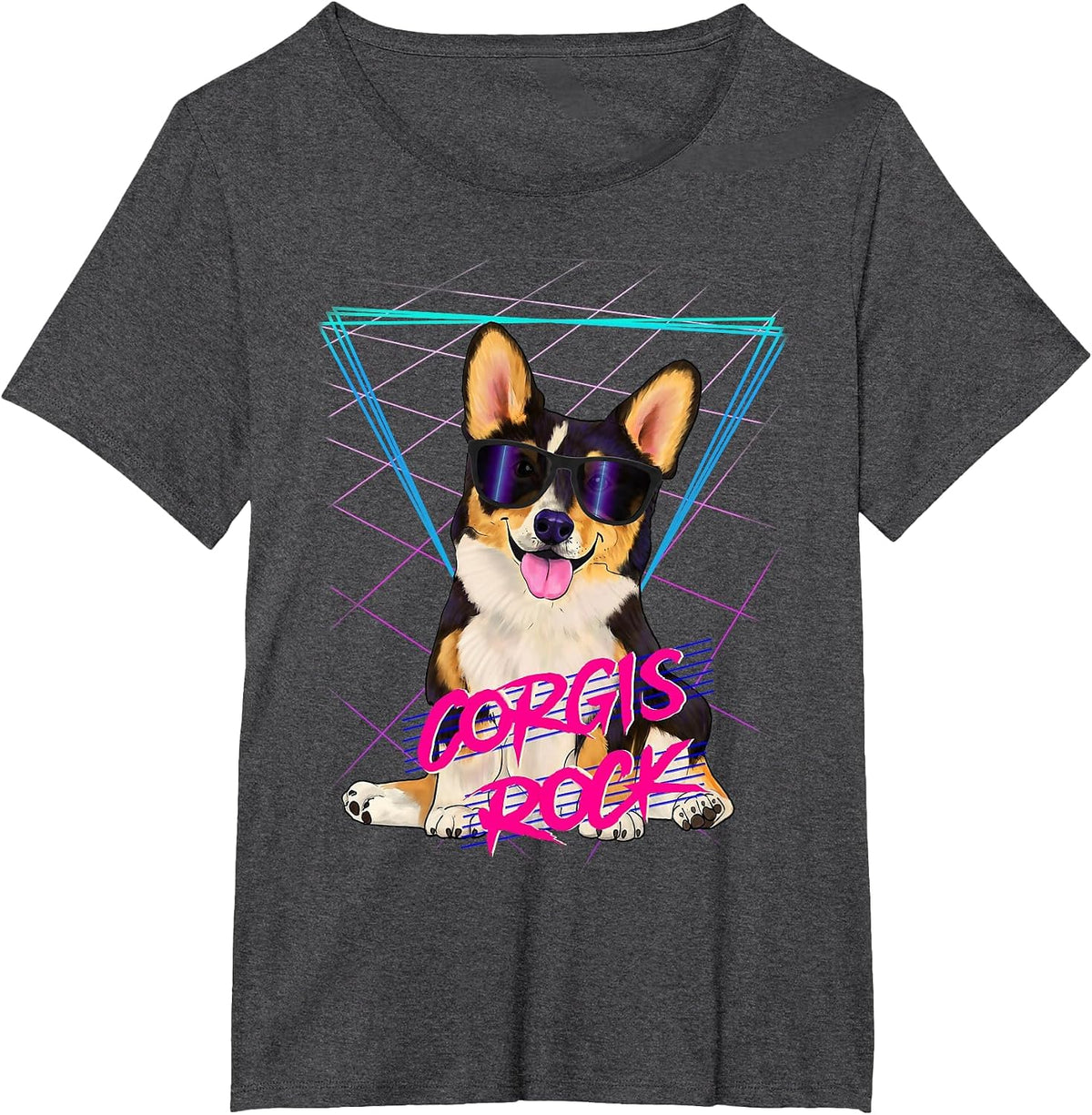 Corgis Rock - Retro 80s Corgi Dog in Sunglasses T-Shirt - Dark Heather Grey