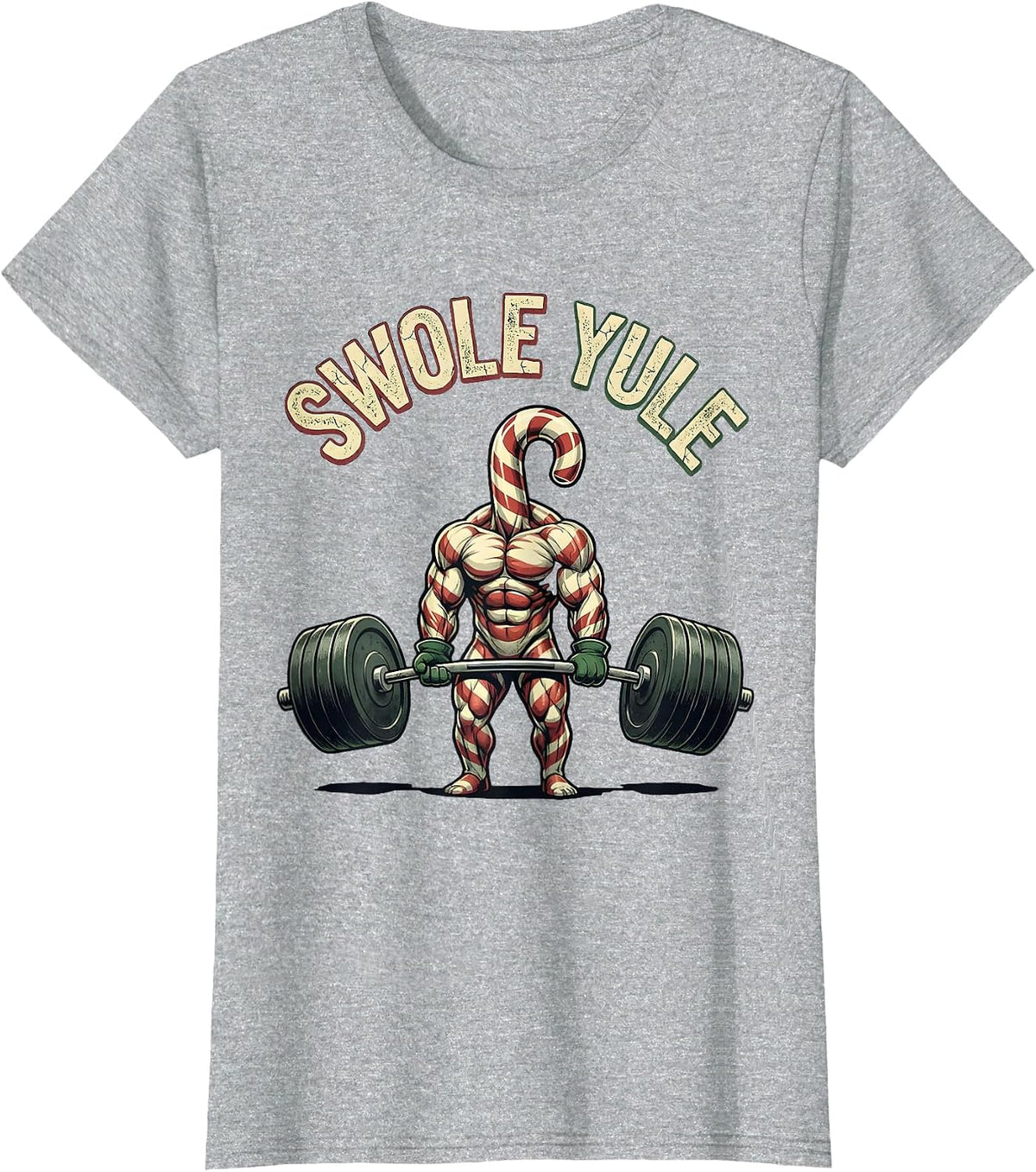 Women's Swole Yule Distressed Funny Christmas Gym Weightlifting T-Shirt - Heather Grey