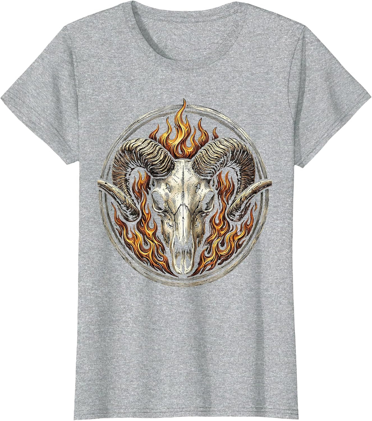 Women's Horned Skull Dark Flames Horror Graphic Design T-Shirt - Heather Grey