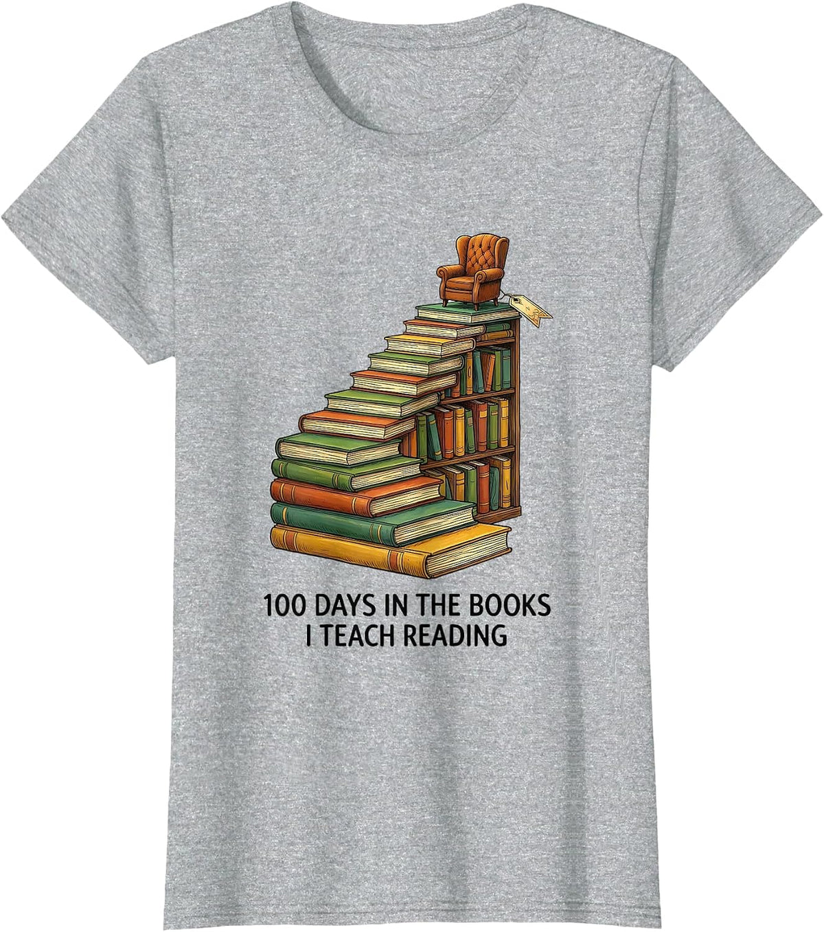 Women's 100 Days In The Books I Teach Reading Whimsical Teacher T-Shirt - Heather Grey