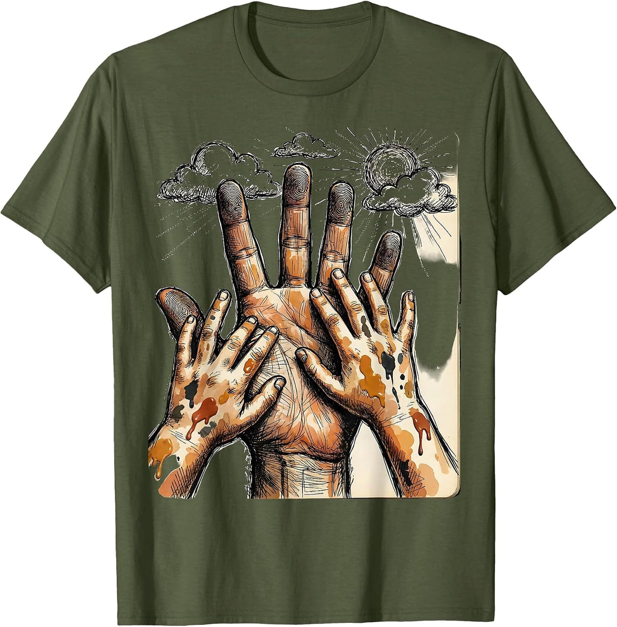 Daycare Teacher Paint Hands Reaching Sky Design T-Shirt - Olive Green