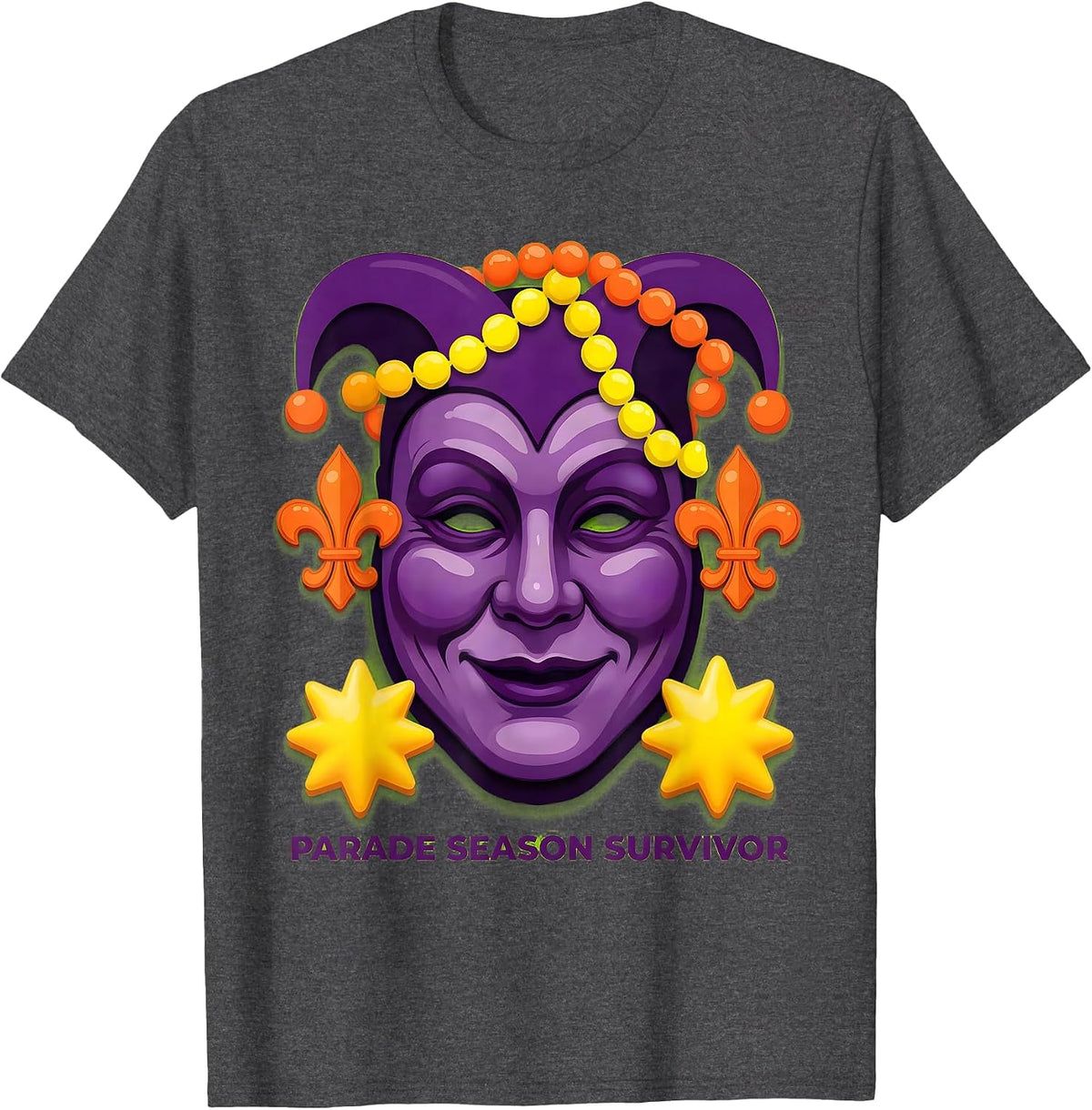 Men's Parade Season Survivor Mardi Gras Design T-Shirt - Dark Heather Grey