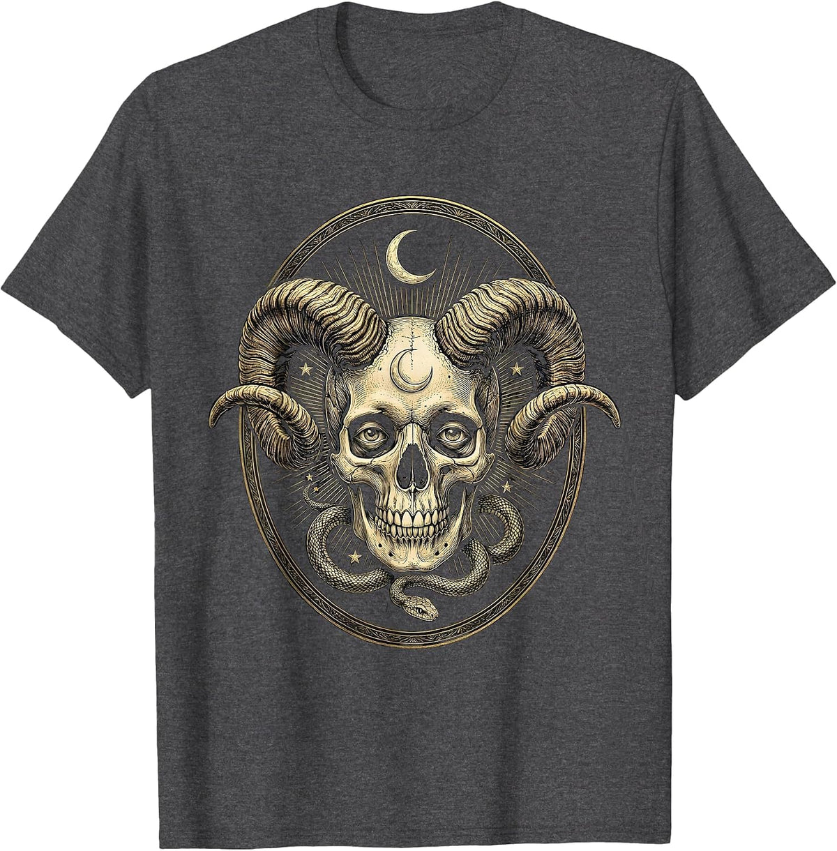 Men's Ram Horn Skull Grinning Dark Art Graphic T-Shirt - Dark Heather Grey
