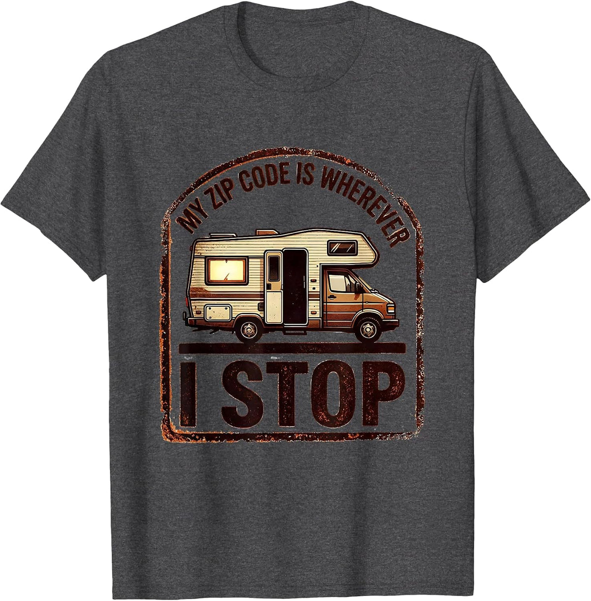 My Zip Code Is Wherever I Stop Retro Van Life Road Trip T-Shirt - Dark Heather Grey