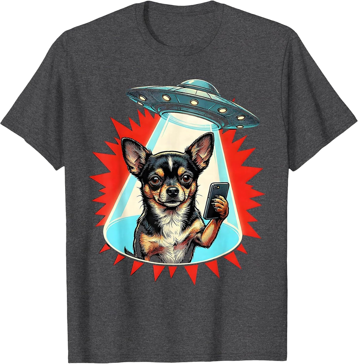 Chihuahua UFO Pop Art Dog Lover Humor T-Shirt - Dark Heather Grey