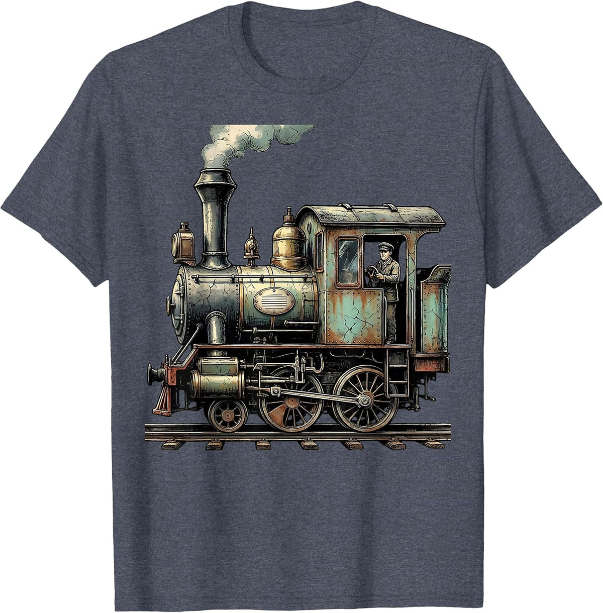 Weathered Steam Locomotive Distressed Train Enthusiast Humor T-Shirt - Heather Blue