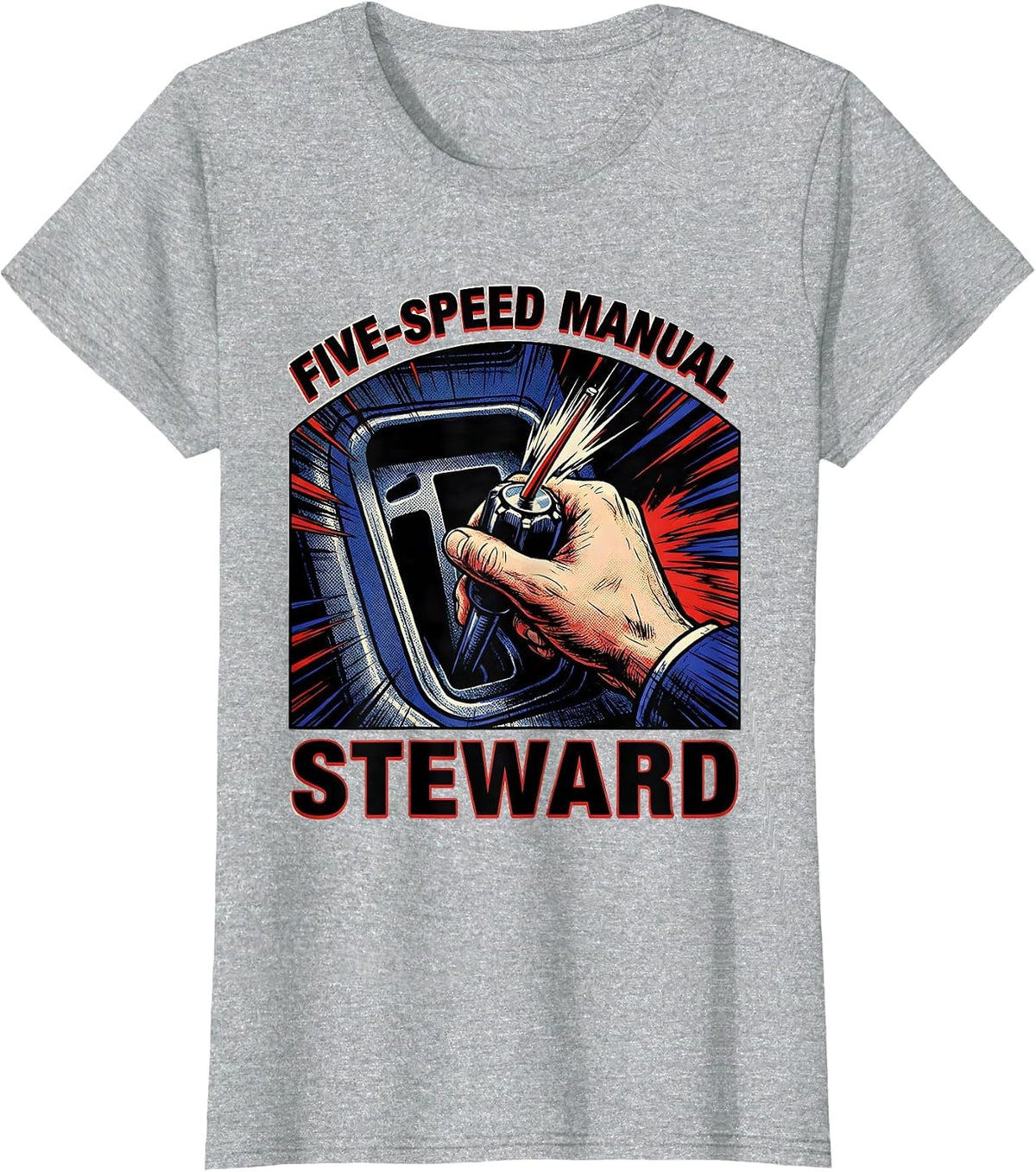 Women's Five-Speed Manual Steward Comic Car Guy Mechanic Stick Shift T-Shirt - Heather Grey