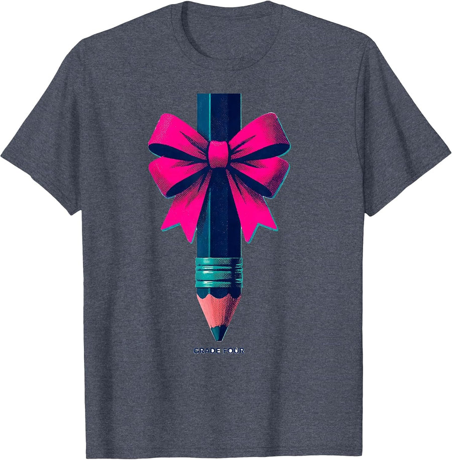 Grade Four Cute Bow Back to School Pencil for Kids T-Shirt - Heather Blue